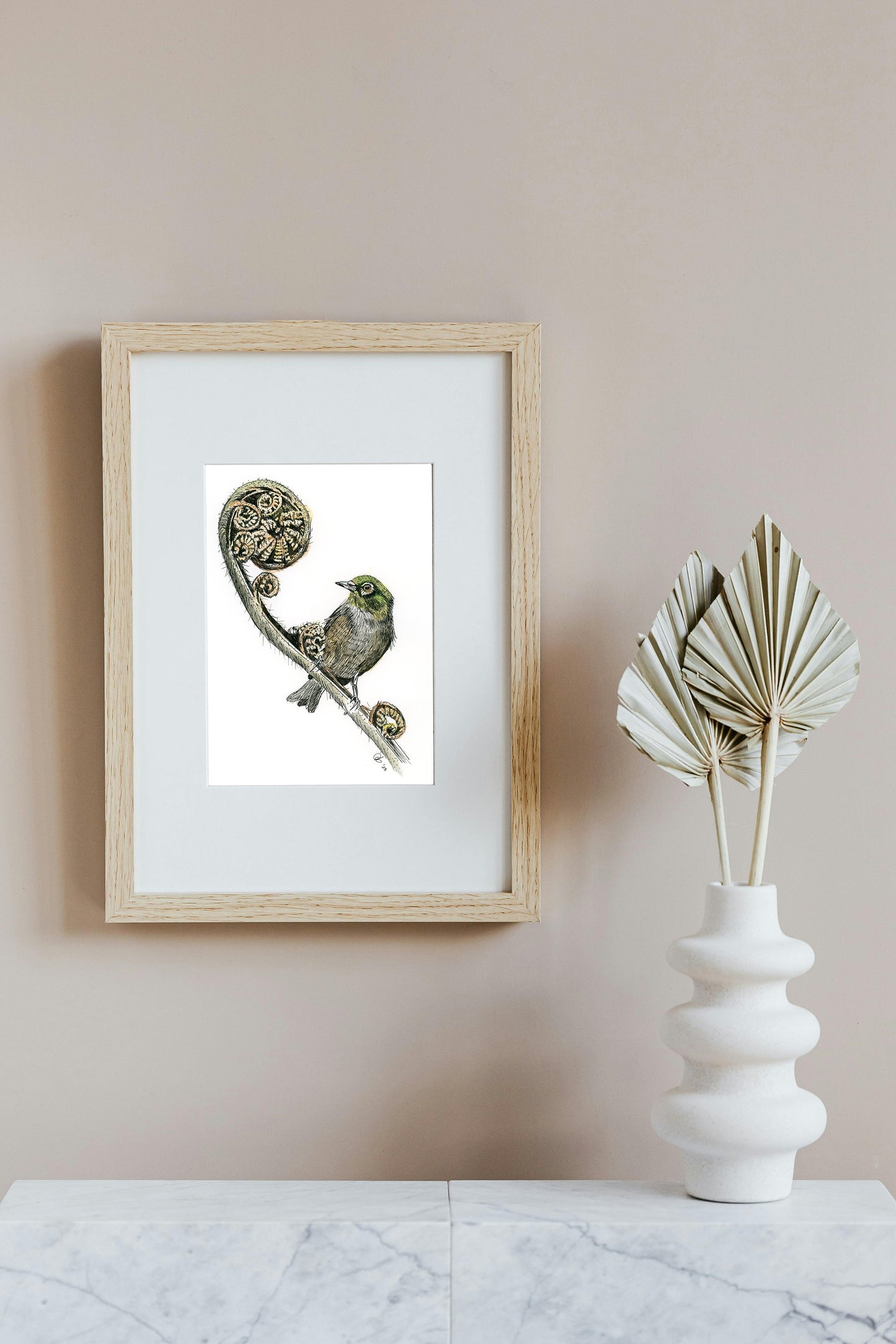 Touhau (Wax-eye or Silvereye) on fern koru, in Ink and Watercolour, Art Print