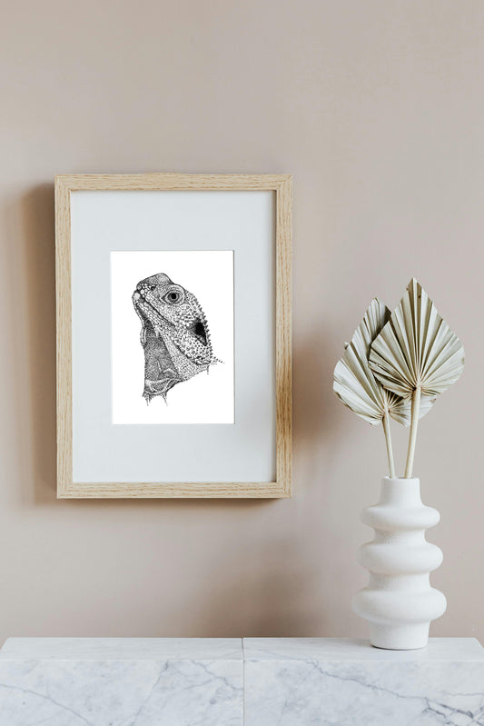 Australian Water Dragon in Ink Pointillism, Art Print